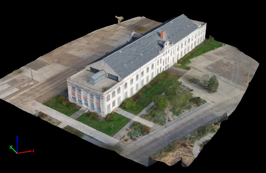 3D model of a long multi-story building, its roof and the surrounding grounds.